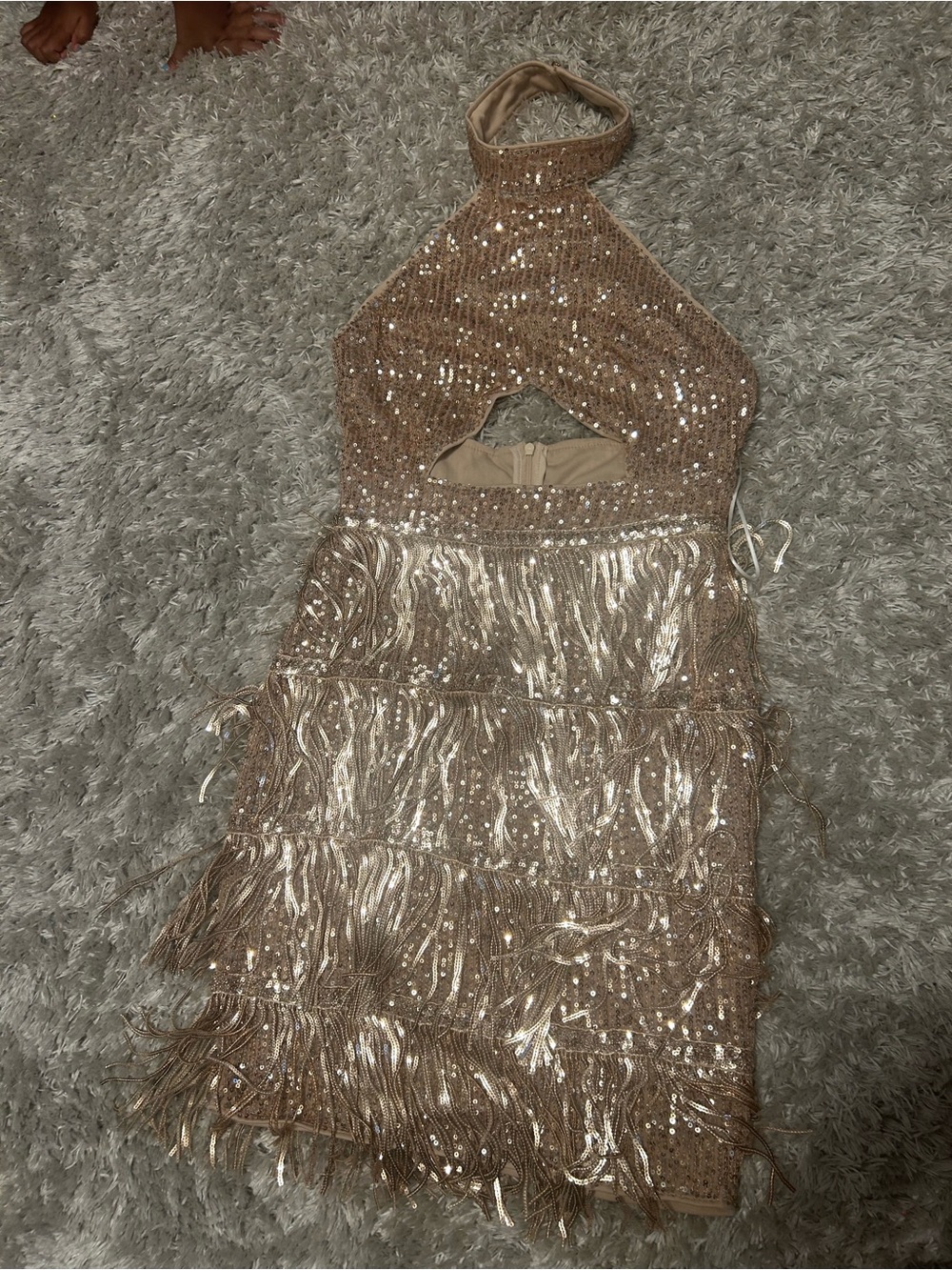 Sequin Fringe Halter Mini Dress in Champagne